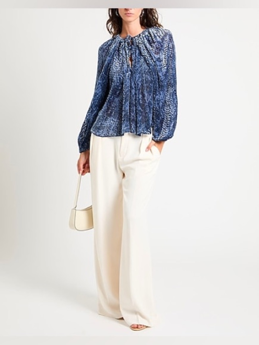 Ulla Johnson Pauline Navy Velvet Burnout Tie-Neck Top Sz-2